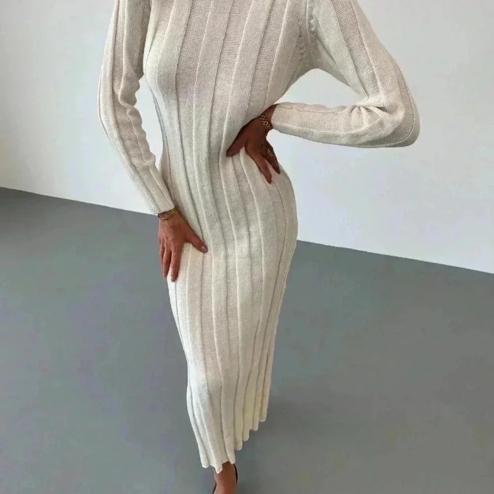 Beige Elegant Women's Crew Neck Long Warm & Comfortable Knit Casual Dress - Picture 4 of 7